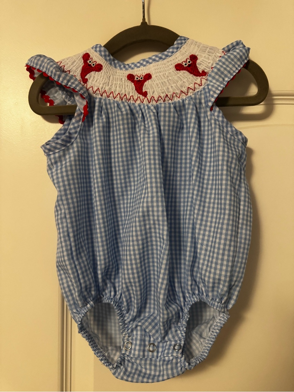 Blue Gingham Smocked Crawfish Baby Romper